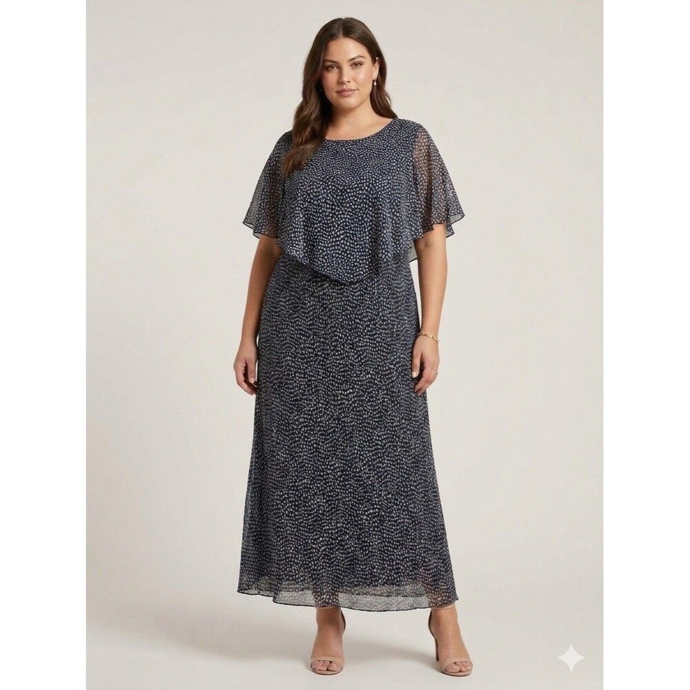 Adrianna Papell Dress Womens 24W Plus Blue Polka Dot Chiffon Flutter Sleeve Maxi